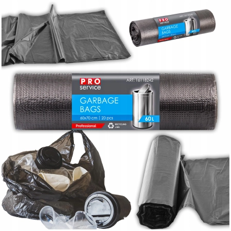 Mocne solidne worki na śmieci z folii HDPE PRO 60x70 Czarne HD 60L 20 szt.